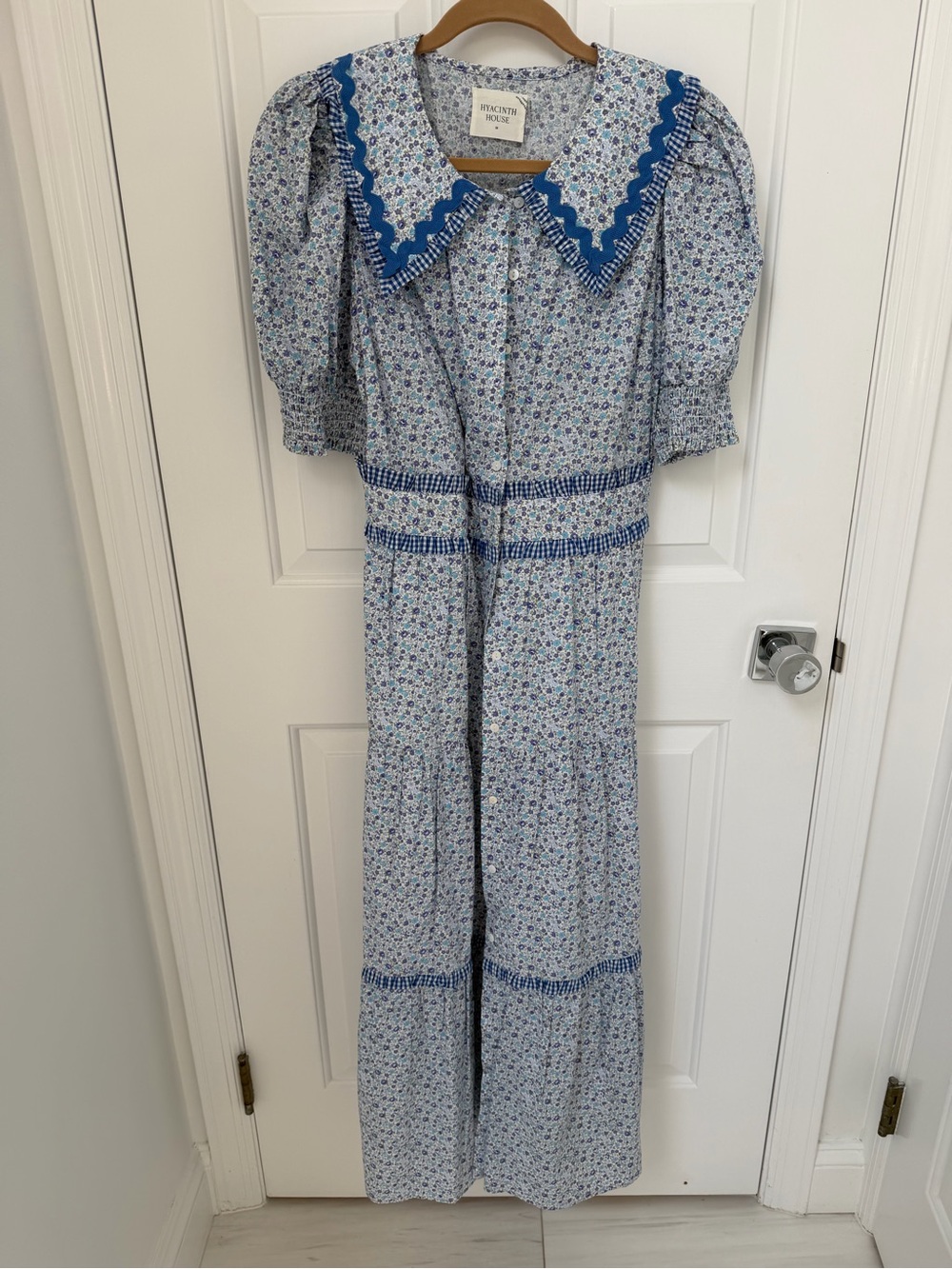 Blue Floral Midi Dress with Decorative Collar by Sezane